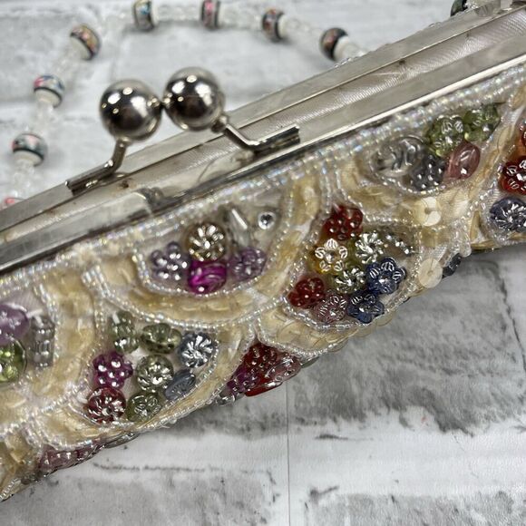 Vintage Handmade Beaded Cream Multi Color Beaded Wedding Small Bag - Picture 12 of 12